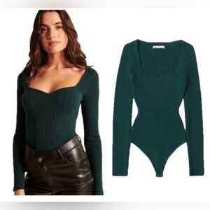 Abercrombie & Fitch Teal Green Long-Sleeve Sweetheart Ribbed Sweater Bodysuit L